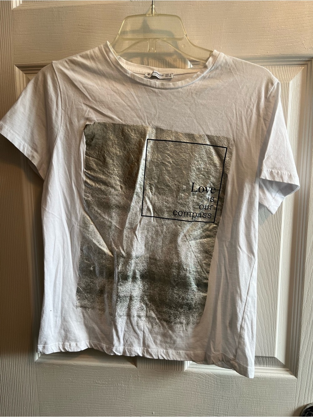 stradivarius White Short Sleeve Tee with Silver Foil Panel